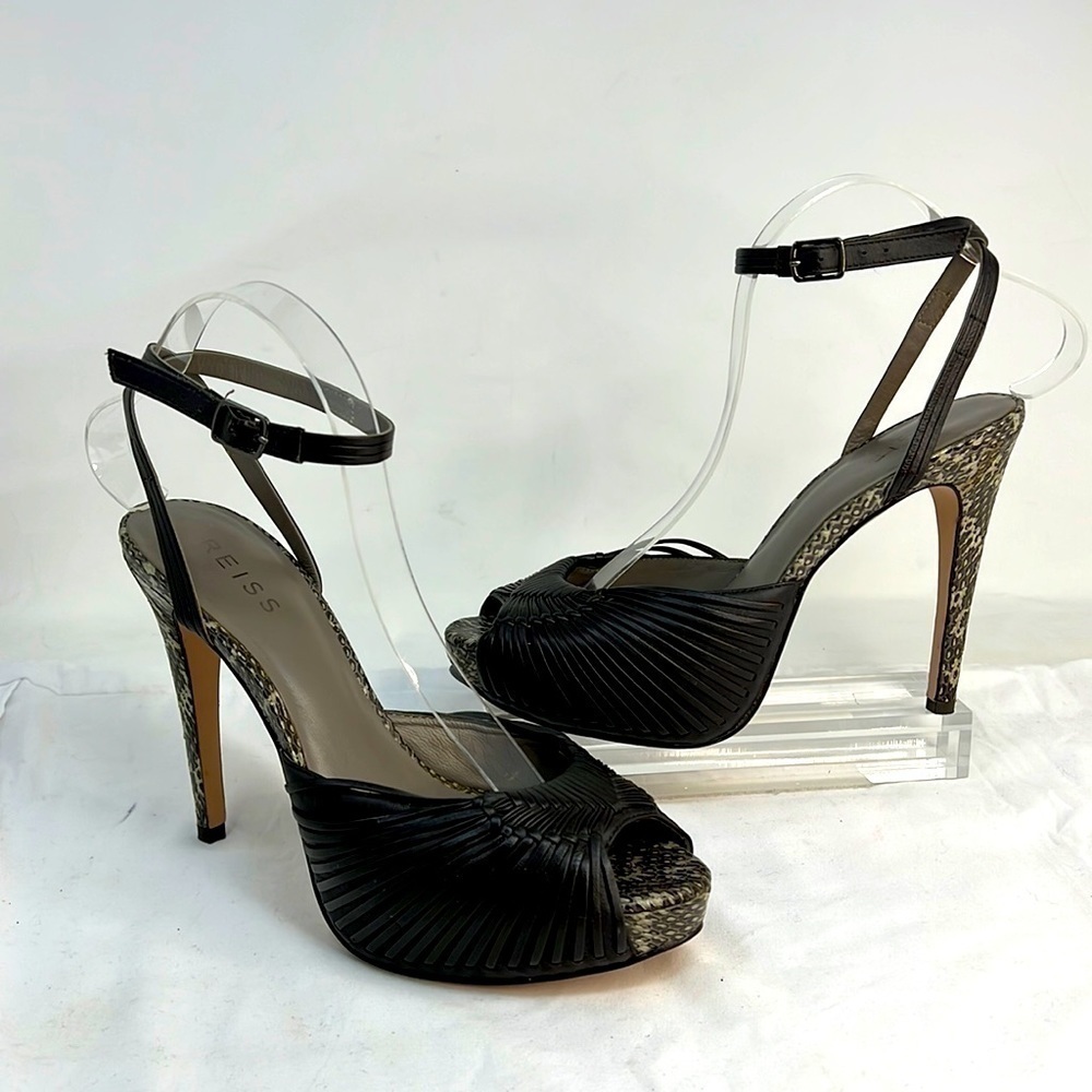 Reiss Sz 40/ US 9 Peep Toe Stiletto Charcoal SnakePrint Heels